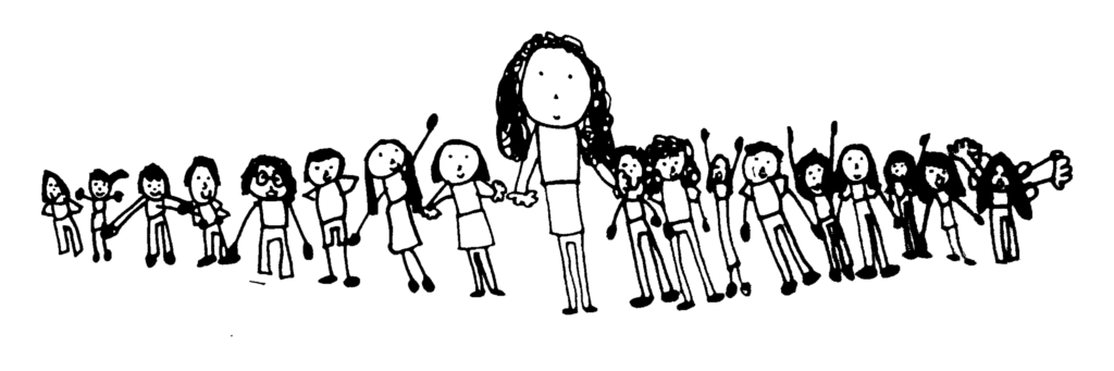 A drawing of children (in line and in perspective) wrap around the logos of our sponsors