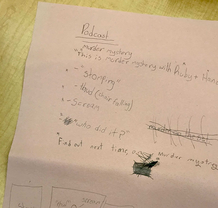 A list of touchpoint for a podcast about a murder mystery includes a cliff hanger and must have sounds.