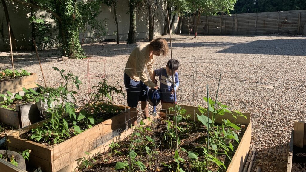A teaching artist and child water the plants together in our garden.